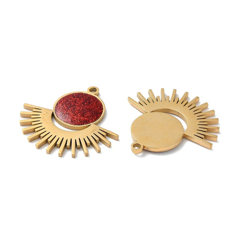 ION GOLD PLATED / RED Ion Plating (IP) 304 Stainless Steel Sun Charm Pendants, with Enamel and Glitter Powder, Golden, 25mm Ion Plating (IP) 304 Stainless Steel Sun Charm Pendants, with Enamel and Glitter Powder, Golden, 25mm