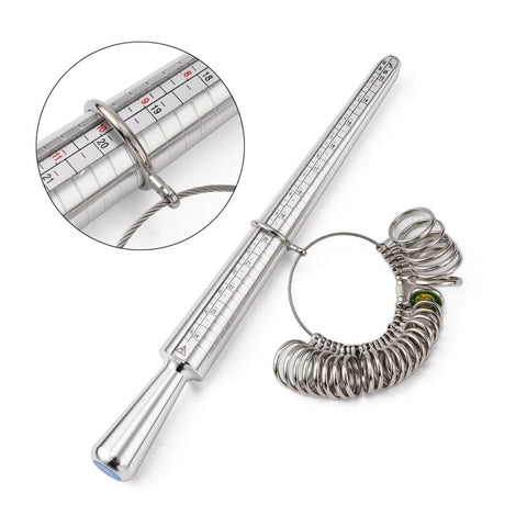 Jewelry Measuring Tool Sets, with Aluminum Ring Size Sticks Ring Mandrel Jewelry Measuring Tool Sets, with Aluminium Ring Size Sticks Ring Mandrel and Alloy American Calibration Ring Sizers Professional Model, Platinum Size: stick: abou 25mm in diameter, 250mm long; ring: about 11~22mm inner diameter, 28pcs/set