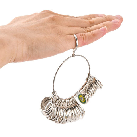 Jewelry Measuring Tool Sets, with Aluminum Ring Size Sticks Ring Mandrel Jewelry Measuring Tool Sets, with Aluminium Ring Size Sticks Ring Mandrel and Alloy American Calibration Ring Sizers Professional Model, Platinum Size: stick: abou 25mm in diameter, 250mm long; ring: about 11~22mm inner diameter, 28pcs/set