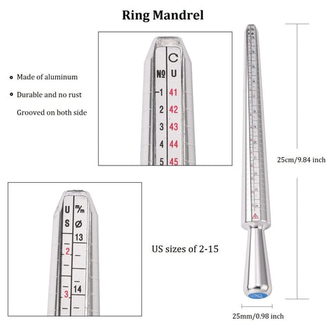 Jewelry Measuring Tool Sets, with Aluminum Ring Size Sticks Ring Mandrel Jewelry Measuring Tool Sets, with Aluminium Ring Size Sticks Ring Mandrel and Alloy American Calibration Ring Sizers Professional Model, Platinum Size: stick: abou 25mm in diameter, 250mm long; ring: about 11~22mm inner diameter, 28pcs/set