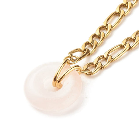 NAT.ROSE QUARTZ (SN8916-03) Natural Donut Gemstone Necklace 304 Stainless Steel, Golden, (40.3cm) Natural Donut Gemstone Necklace 304 Stainless Steel, Golden, (40.3cm)