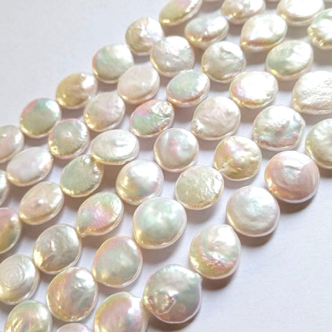 Natural Freshwater 'White Coin' Pearls 12-13mm Wide, White  - hole 0.8mm Natural Freshwater Coin Pearls 12-13mm White – 0.8mm Hole for Jewelry
