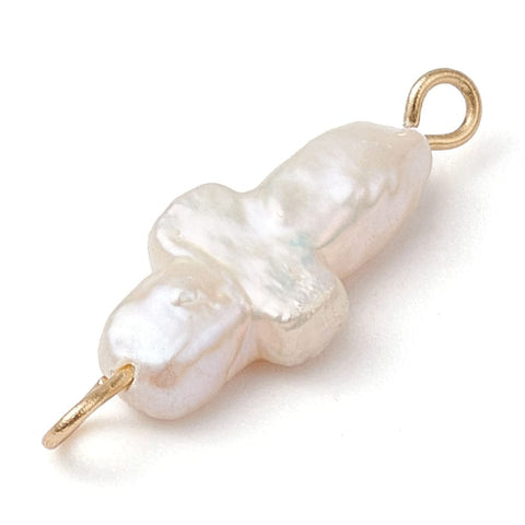 Natural Keshi Pearl Cross Links Connector Charms, 304 Stainless Steel Double Loops, Golden Natural Keshi Pearl Cross Links Connector Charms, 304 Stainless Steel Double Loops, Golden