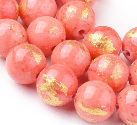 ORANGE RED Natural Mashan Jade Beads 10mm Round  Gold Foil – Dyed Gemstone Jewelry Beads Natural Mashan Jade Beads 10mm Round  Gold Foil – Dyed Gemstone Jewelry Beads