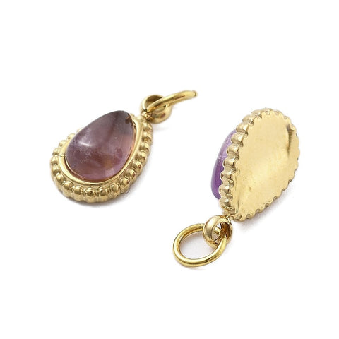 AMETHYST Natural Stone Teardrop Pendant with 304 Stainless Steel base – 11.5mm Natural Stone Teardrop Pendant, Stainless Steel, 11.5mm