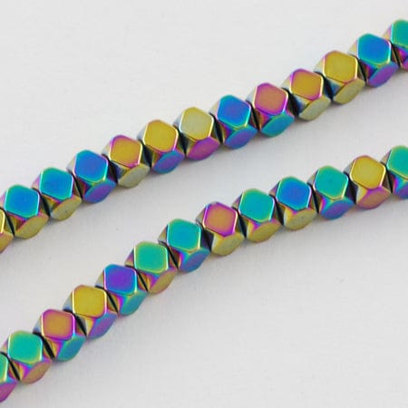 MULTI (HB5306-4) Non-magnetic Synthetic Hematite, Faceted Cube, 4mm Non-magnetic Synthetic Hematite Beads Strands, Faceted, Grade A, Round, Green Plated Size: about 4mm in diameter, 4mm thick, hole: 1mm; 100pcs/strand, 15.5".