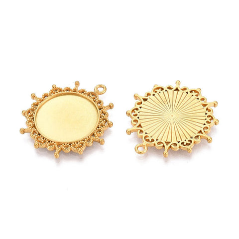 Non-Tarnish 304 Stainless Steel Pendant Cabochon Settings, Flat Round, Ion Plated, Real 18K Gold Plated Non-Tarnish 304 Stainless Steel Pendant Cabochon Settings, Flat Round, Ion Plated, Real 18K Gold Plated