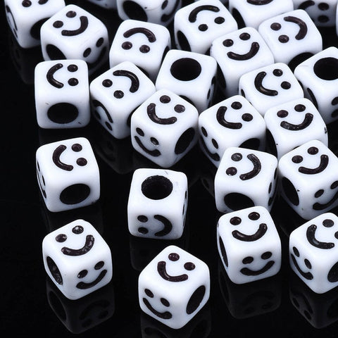 Opaque Acrylic Beads, Cube with Smiling Face, White Size: about 6x6mm Opaque Acrylic Beads, Cube with Smiling Face, White Size: about 6x6mm