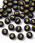 Opaque Black Acrylic Number Beads – Flat Round with Golden Numbers, 7mm Opaque Black Acrylic Number Beads – Flat Round with Golden Numbers, 7mm