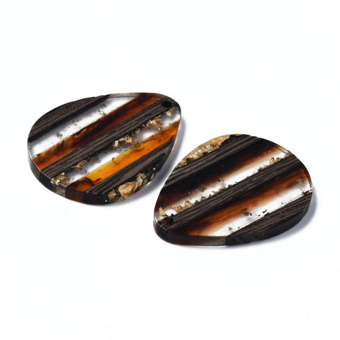DARK ORANGE WITH GOLD FOIL (OR8784-A01) (OR8784-X) Stripe Resin & Walnut Wood Pendants, Teardrop, 36x26x3mm (2 PCS) (OR8784-X) Stripe Resin & Walnut Wood Pendants, Teardrop, 36x26x3mm (2 PCS)