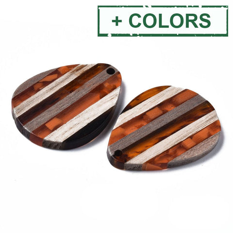 (OR8784-X) Stripe Resin & Walnut Wood Pendants, Teardrop, 36x26x3mm (2 PCS) (OR8784-X) Stripe Resin & Walnut Wood Pendants, Teardrop, 36x26x3mm (2 PCS)