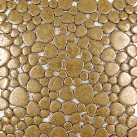 GOLDEN ROCK Pebble-Shaped Porcelain Mosaic Tiles on Mesh – 30x30cm Sheet Pebble Porcelain Mosaic Tiles on Mesh 30x30cm | Indoor & Outdoor