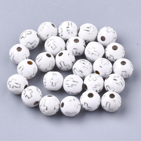 WHITE Plating Acrylic Beads, Silver Metal Enlaced, Round with Cross, 8mm Plating Acrylic Beads, Silver Metal Enlaced, Round with Cross, 8mm