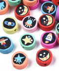 Polymer Clay, Flat Round with Space Theme Pattern, Mixed Color, 9~10x4~5mm Polymer Clay, Flat Round with Space Theme Pattern, Mixed Color, 9~10x4~5mm