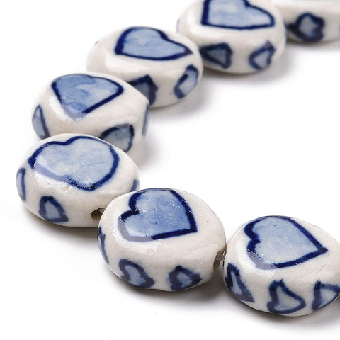 Porcelain Beads, Flat Round with Heart Pattern, Dark Blue, 14~14.5x6.5~7mm Porcelain Beads, Flat Round with Heart Pattern, Dark Blue, 14~14.5x6.5~7mm