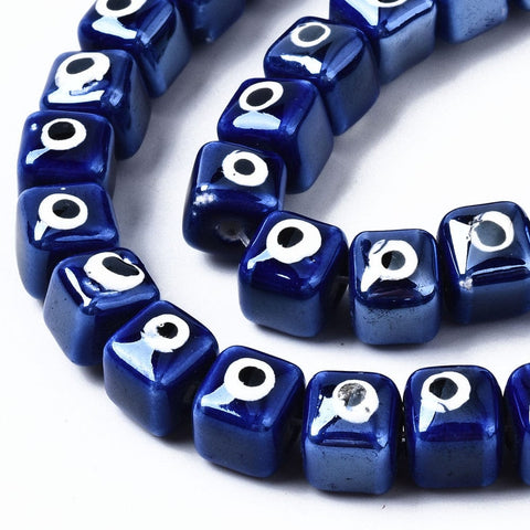 BLUE (CE8927-B) Porcelain Ceramic, Brightly Glazed Cube with Evil Eye, 9.5mm Porcelain Ceramic, Brightly Glazed Cube with Evil Eye, 9.5mm