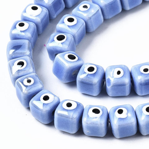 LIGHT SKY BLUE Porcelain Ceramic, Brightly Glazed Cube with Evil Eye, 9.5mm Porcelain Ceramic, Brightly Glazed Cube with Evil Eye, 9.5mm