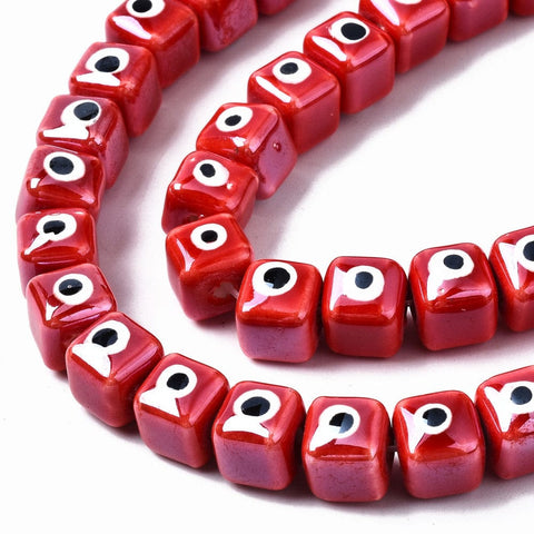 RED (CE8927-G) Porcelain Ceramic, Brightly Glazed Cube with Evil Eye, 9.5mm Porcelain Ceramic, Brightly Glazed Cube with Evil Eye, 9.5mm