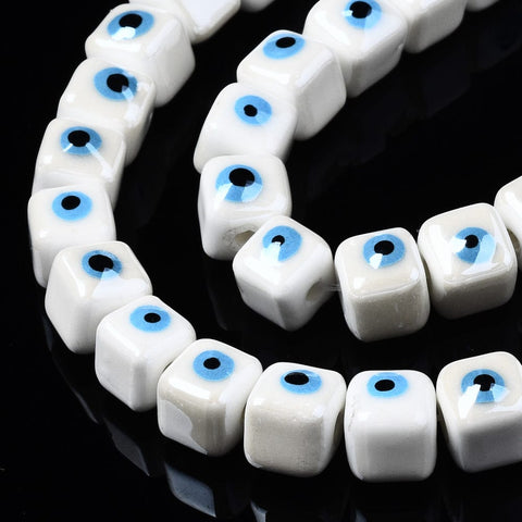 WHITE Porcelain Ceramic, Brightly Glazed Cube with Evil Eye, 9.5mm Porcelain Ceramic, Brightly Glazed Cube with Evil Eye, 9.5mm