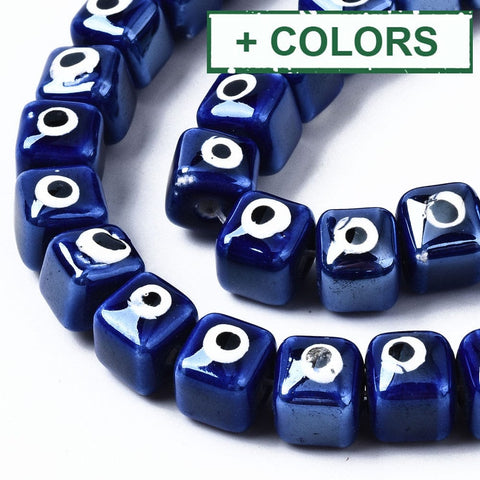 Porcelain Ceramic, Brightly Glazed Cube with Evil Eye, 9.5mm Porcelain Ceramic, Brightly Glazed Cube with Evil Eye, 9.5mm