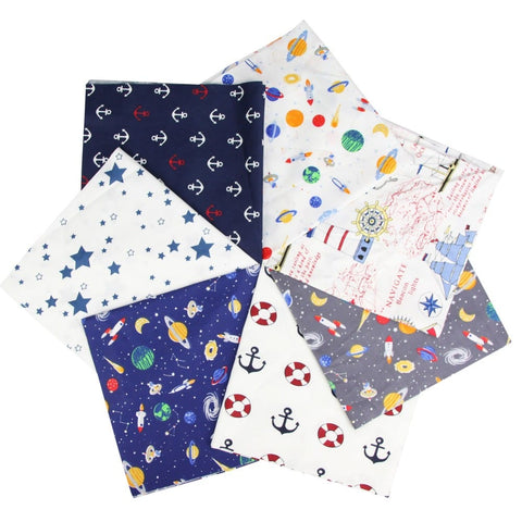 Printed Cotton Fabric Squares – Rocket, Planets, Anchor & Star Patterns, 7pcs Printed Cotton Fabric Squares – Rocket, Planets, Anchor & Star Patterns, 7pcs