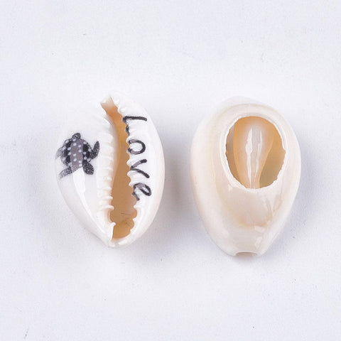 Printed Cowrie Shell Beads, Black Turtle Printed Cowrie Shell Beads, Black Turtle