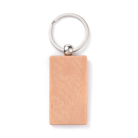 RECTANGLE (63x30x7mm) Natural Wood Keychain, with Platinum Plated Iron Split Key Rings, BurlyWood Natural Wood Keychain, with Platinum Plated Iron Split Key Rings, BurlyWood