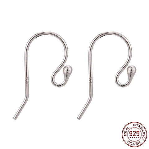 Rhodium Plated 925 Sterling Silver Earring Hooks, Platinum 10x20mm Rhodium Plated 925 Sterling Silver Earring Hooks, Platinum 10x20mm