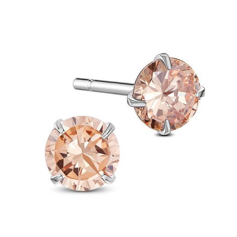 Peachpuff Rhodium Plated 925 Sterling Silver Four Pronged Ear Studs, 7mm Rhodium Plated 925 Sterling Silver Four Pronged Ear Studs, 7mm