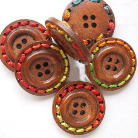 Round 4-hole Buttons with Colorful Thread, Wooden, 25mm Round 4-hole Buttons with Colorful Thread, Wooden, 25mm