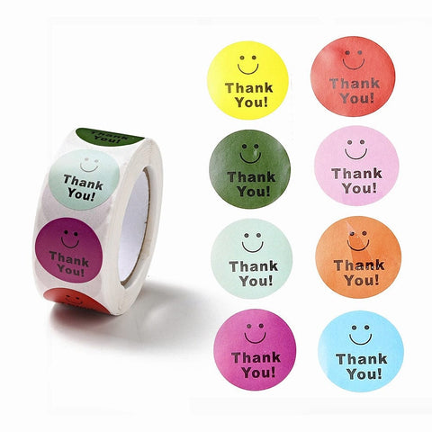 Round Dot Paper Thank You Stickers Roll, Smiling Face Self-Adhesive Gift Tags, for Seal Top Decoration, Mixed Color, 66x27mm, Stickers: 25mm in diameter, 500pcs/roll Round Dot Paper Thank You Stickers Roll, Smiling Face Self-Adhesive Gift Tags, for Seal Top Decoration, Mixed Color, 66x27mm, Stickers: 25mm in diameter, 500pcs/roll