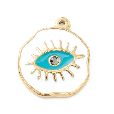 (SE8765A) Ion Plating(IP) 304 Stainless Steel Enamel Pendants, Golden, with Jet Rhinestone, White, 21mm (2 PCS) (SE8765A) Ion Plating(IP) 304 Stainless Steel Enamel Pendants, Golden, with Jet Rhinestone, White, 21mm (2 PCS)
