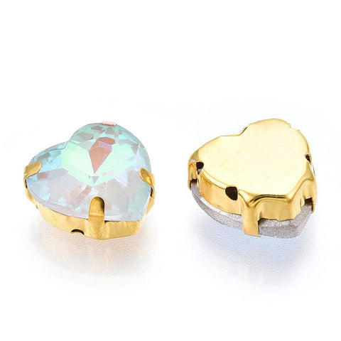 LIGHT CYAN Sew on Glass Rhinestone, Golden Plated 201 Stainless Steel Prong Settings, Heart Sew on Glass Rhinestone, Golden Plated 201 Stainless Steel Prong Settings, Heart