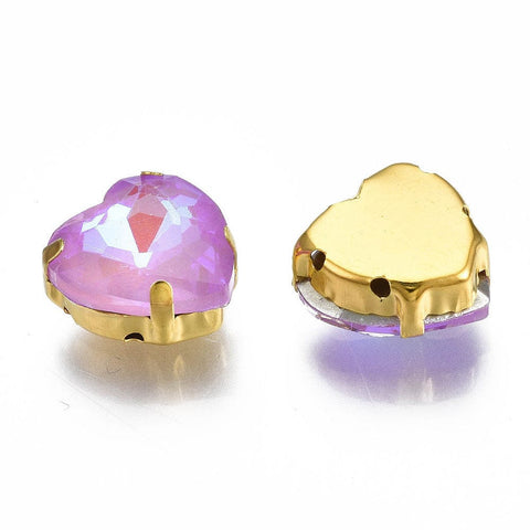 VIOLET Sew on Glass Rhinestone, Golden Plated 201 Stainless Steel Prong Settings, Heart Sew on Glass Rhinestone, Golden Plated 201 Stainless Steel Prong Settings, Heart