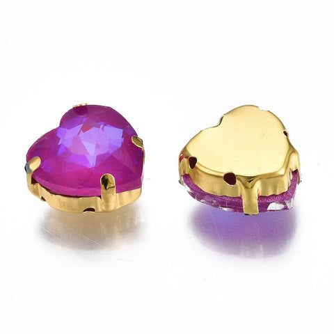 MEDIUM VIOLET RED Sew on Glass Rhinestone, Golden Plated 201 Stainless Steel Prong Settings, Heart Sew on Glass Rhinestone, Golden Plated 201 Stainless Steel Prong Settings, Heart