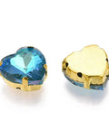 TURQUOISE Sew on Glass Rhinestone, Golden Plated 201 Stainless Steel Prong Settings, Heart Sew on Glass Rhinestone, Golden Plated 201 Stainless Steel Prong Settings, Heart