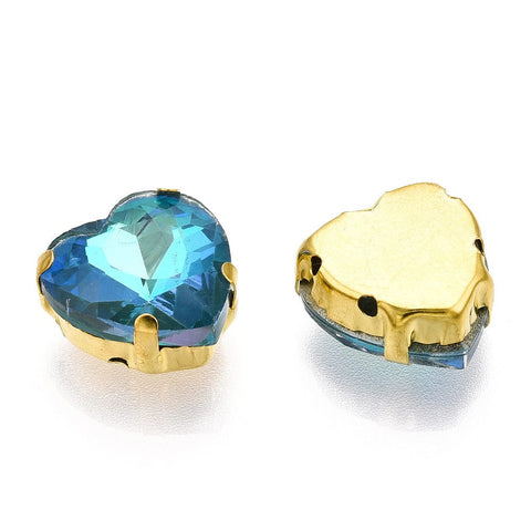 TURQUOISE Sew on Glass Rhinestone, Golden Plated 201 Stainless Steel Prong Settings, Heart Sew on Glass Rhinestone, Golden Plated 201 Stainless Steel Prong Settings, Heart