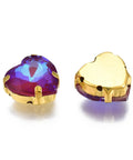 PURPLE Sew on Glass Rhinestone, Golden Plated 201 Stainless Steel Prong Settings, Heart Sew on Glass Rhinestone, Golden Plated 201 Stainless Steel Prong Settings, Heart