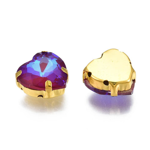 PURPLE Sew on Glass Rhinestone, Golden Plated 201 Stainless Steel Prong Settings, Heart Sew on Glass Rhinestone, Golden Plated 201 Stainless Steel Prong Settings, Heart