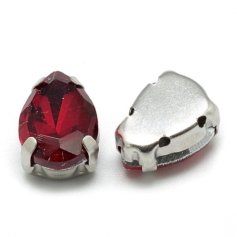 RED Sew on Glass Rhinestones, 201 Stainless Steel Prong Settings, 10x7x5mm Sew on Glass Rhinestones, 201 Stainless Steel Prong Settings, 10x7x5mm
