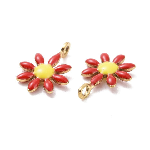RED / GOLD (SF8722-01G) (SF8722-X) 304 Stainless Steel Charms, with Enamel, Flower, 7.5x10mm (5 PCS) (SF8722-X) 304 Stainless Steel Charms, with Enamel, Flower, 7.5x10mm (5 PCS)
