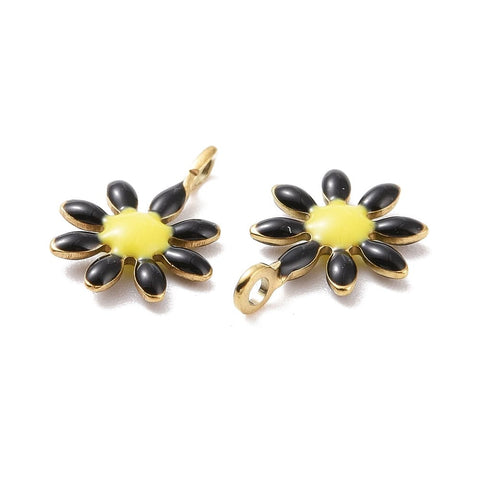 BLACK / GOLD  (SF8722-08G) (SF8722-X) 304 Stainless Steel Charms, with Enamel, Flower, 7.5x10mm (5 PCS) (SF8722-X) 304 Stainless Steel Charms, with Enamel, Flower, 7.5x10mm (5 PCS)