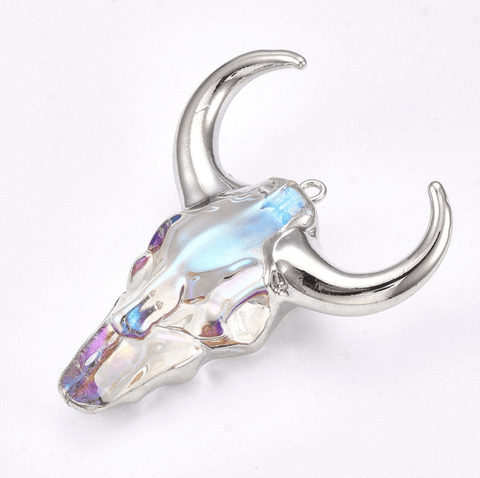 Silver Electroplate Glass Bull pendant  55~60mm long, 43~50mm wide Electroplate Glass Big Pendants, with Iron Findings, AB Colour, Ox-Head Shape, Clear AB, Golden Size: about 55~60mm long, 43~50mm wide, 15mm thick, hole: 2mm