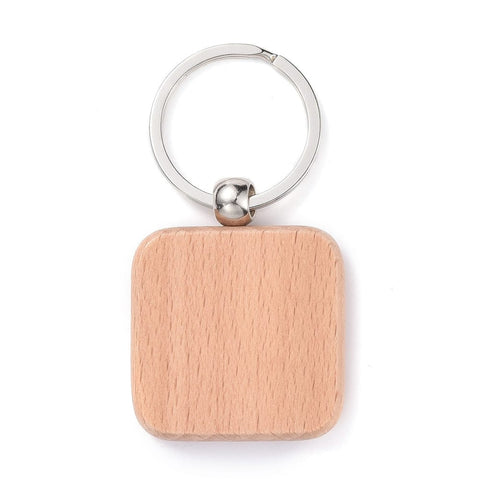 SQUARE (48x39x7mm) Natural Wood Keychain, with Platinum Plated Iron Split Key Rings, BurlyWood Natural Wood Keychain, with Platinum Plated Iron Split Key Rings, BurlyWood