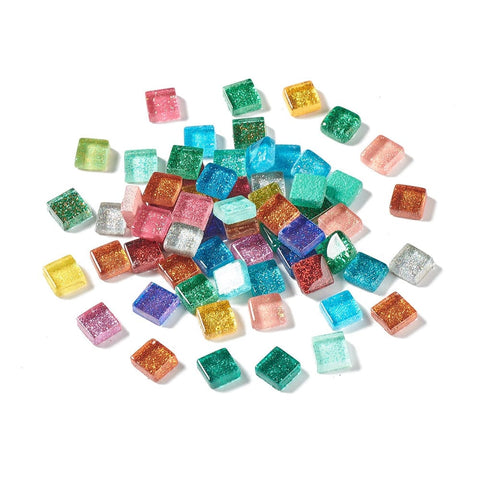 Squares with Glitter Powder Mosaic Tiles Glass Cabochons, for Home Decoration or DIY Crafts, Mixed Color Squares with Glitter Powder Mosaic Tiles Glass Cabochons, for Home Decoration or DIY Crafts, Mixed Color