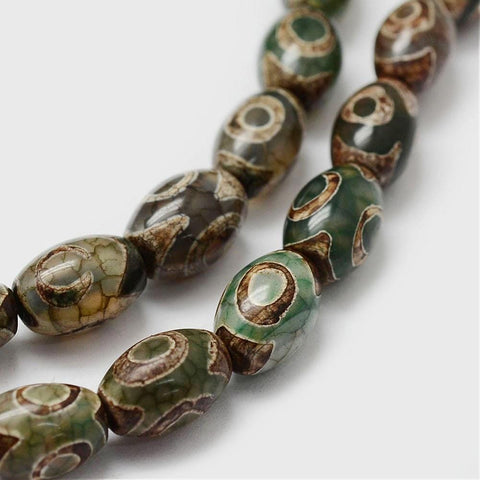 Olive Green Tibetan Style dZi Beads Strands, Natural Agate Beads Tibetan Style dZi Beads Strands, Natural Agate Beads, Dyed & Heated, Barrel, SaddleBrown Size: about 8mm in diameter, 12mm long, hole: 2mm; about 30pcs/strand, 13.9"(355mm).