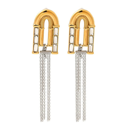 Two Tone 304 Stainless Steel Dangle Stud Earrings – Arch with Chain Two Tone 304 Stainless Steel Dangle Stud Earrings – Arch with Chain