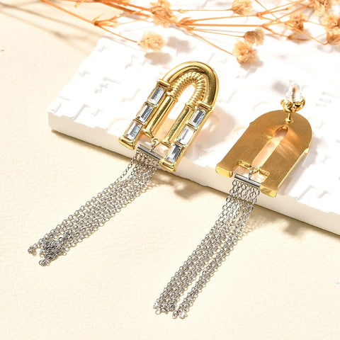 Two Tone 304 Stainless Steel Dangle Stud Earrings – Arch with Chain Two Tone 304 Stainless Steel Dangle Stud Earrings – Arch with Chain
