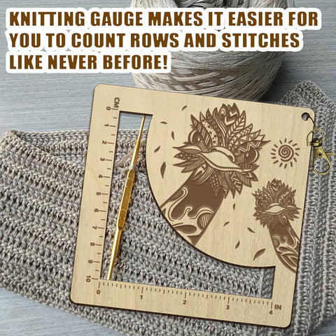 Wooden Square Frame Crochet Ruler, Knitting Needle Gauge Wooden Square Frame Crochet Ruler – Knitting Needle Gauge, Ostrich Design, 130mm