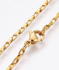 304 Stainless Steel Box Chain Necklaces, Golden(45cm) long 304 Stainless Steel Box Chain Necklaces, with 304 Stainless Steel Beads and Clasps, Golden Size: about 17.7"(45cm) long, 2.5mm wide, link: 5x2.5x1mm, clasp: 11x7mm.